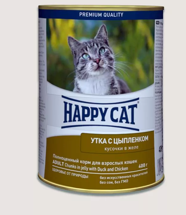 Happy Cat Консервы 400г  кусочки в желе утка и цыпленок  фото, цены, купить