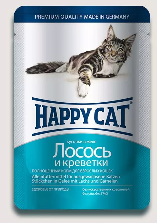 Happy Cat Паучи 100г кусочки креветки, лосося  в желе для кошек фото, цены, купить