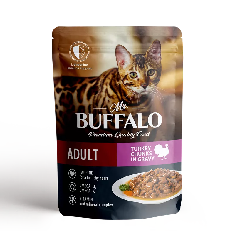 Mr.Buffalo пауч для взрослых кошек с чуствительным пищеварением SENSITIVE Соус Индейка 85г фото, цены, купить
