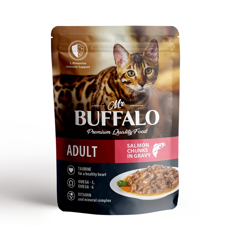 Mr.Buffalo пауч для взрослых кошек с чуствительной кожей HAIR&SKIN Соус  Лосось 85г фото, цены, купить